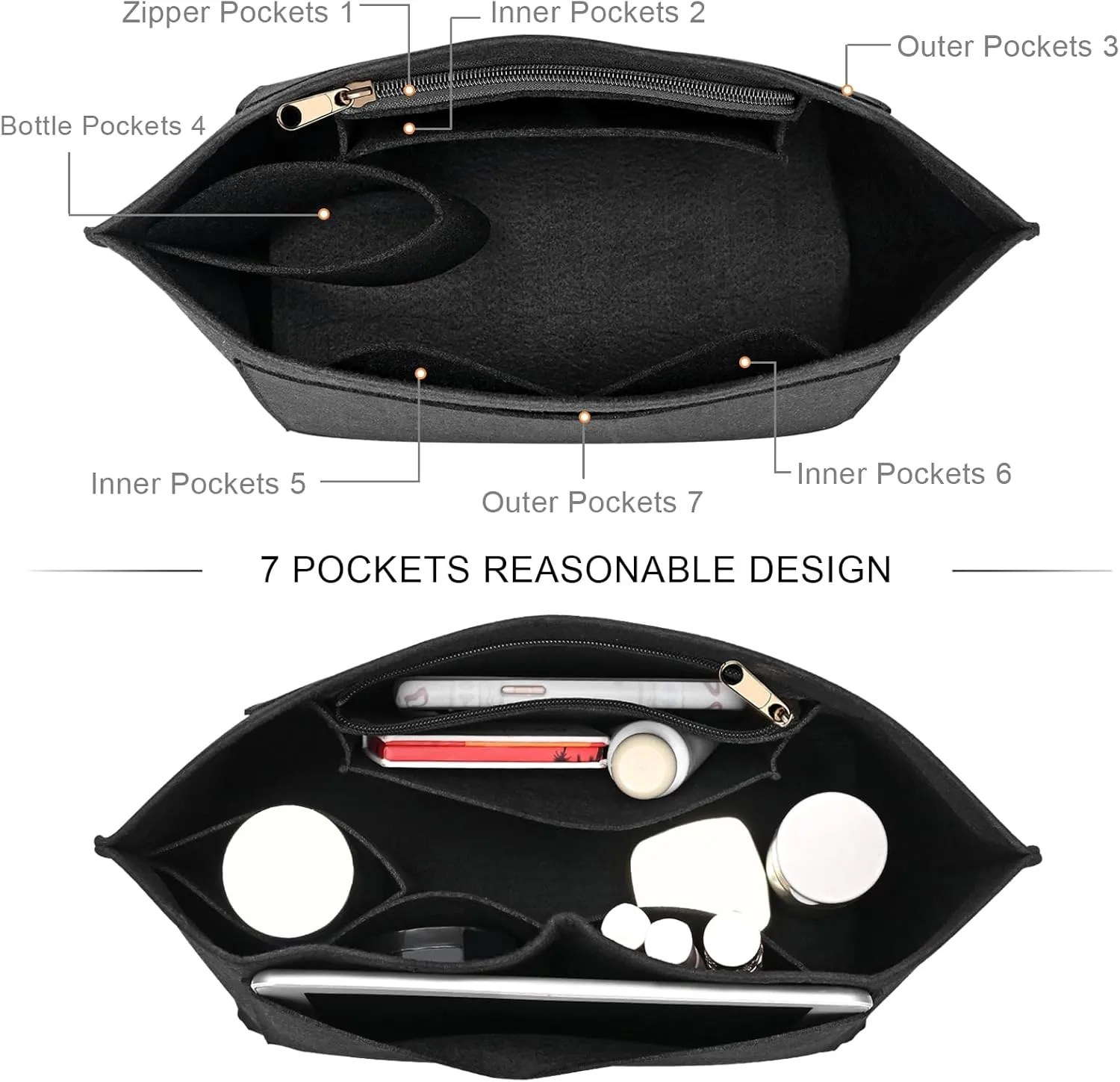 Felt Purse Organizer Insert for Longchamp Le Pliage L Handbag Insert (Large, Black)