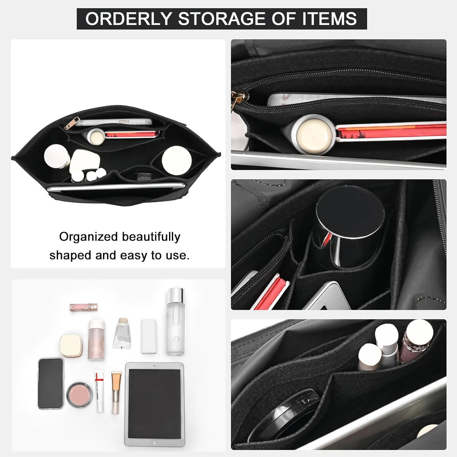 Felt Purse Organizer Insert for Longchamp Le Pliage L Handbag Insert (Large, Black)