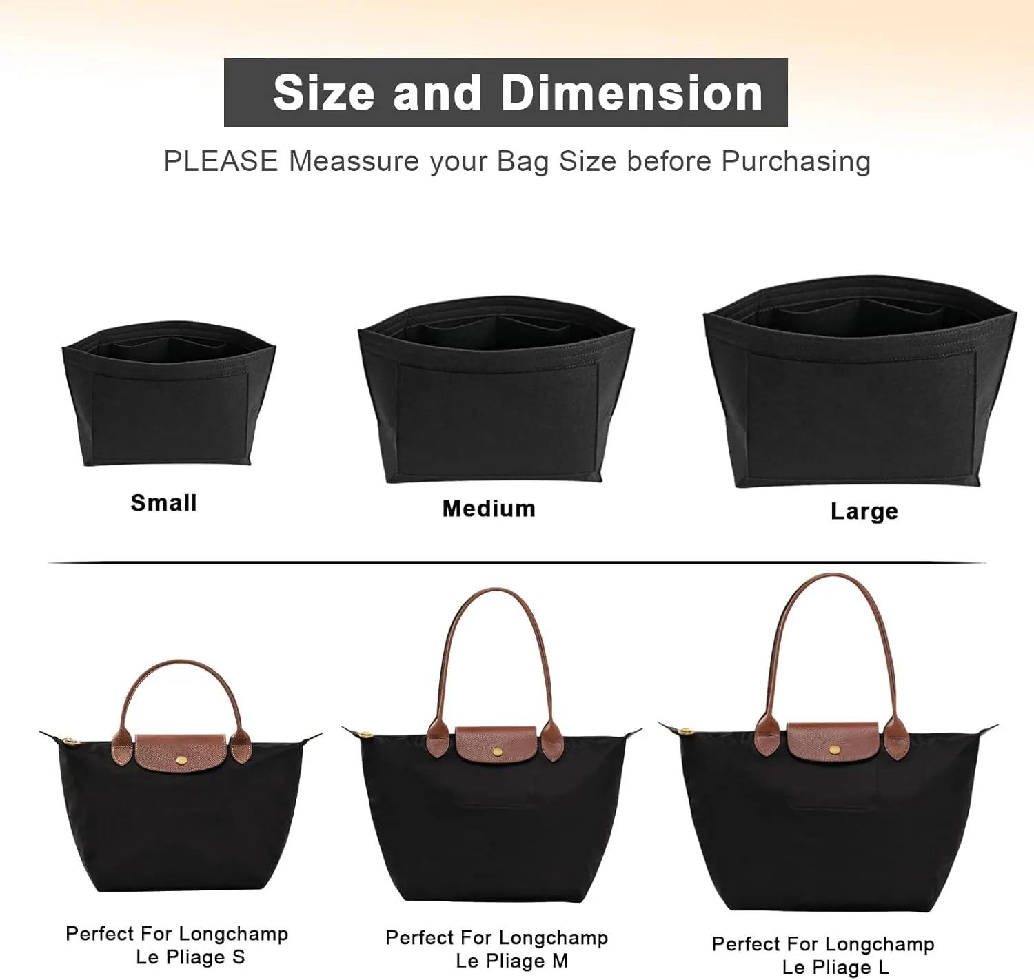 Felt Purse Organizer Insert for Longchamp Le Pliage L Handbag Insert (Large, Black)