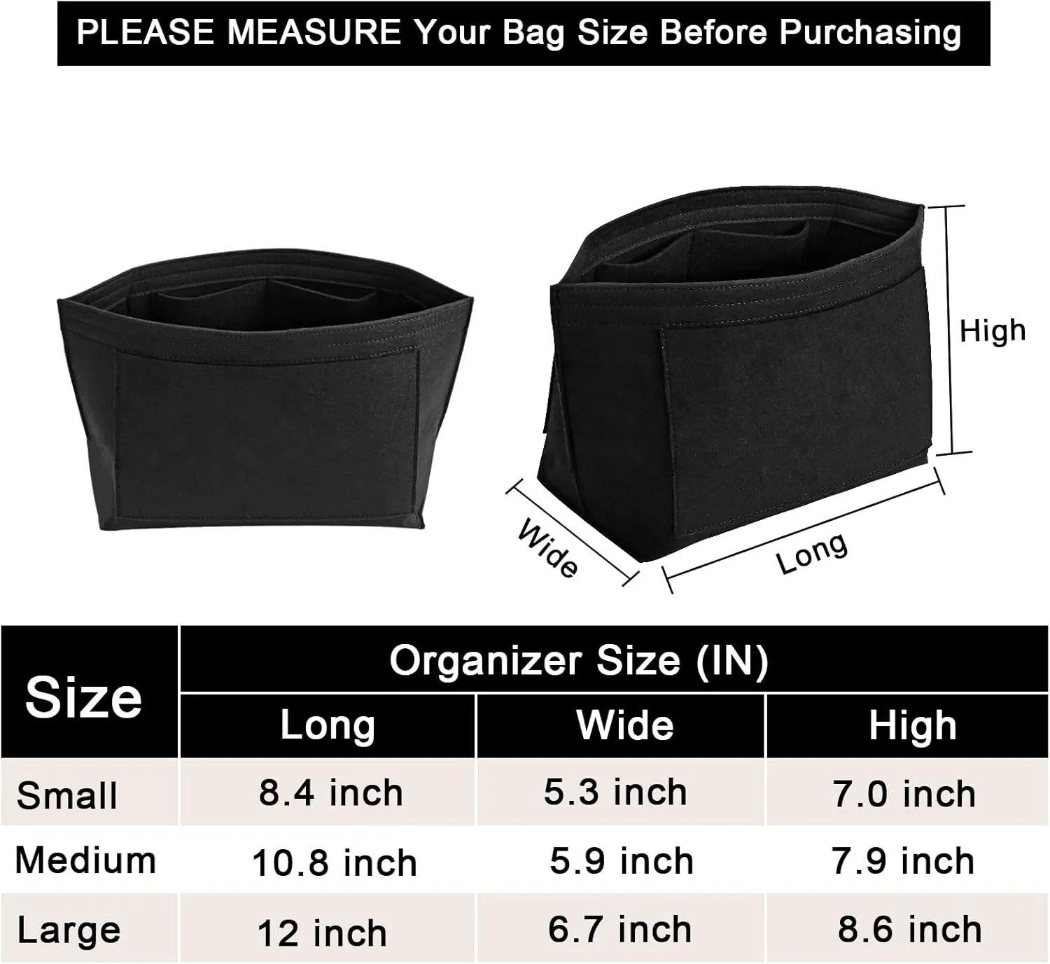 Felt Purse Organizer Insert for Longchamp Le Pliage L Handbag Insert (Large, Black)