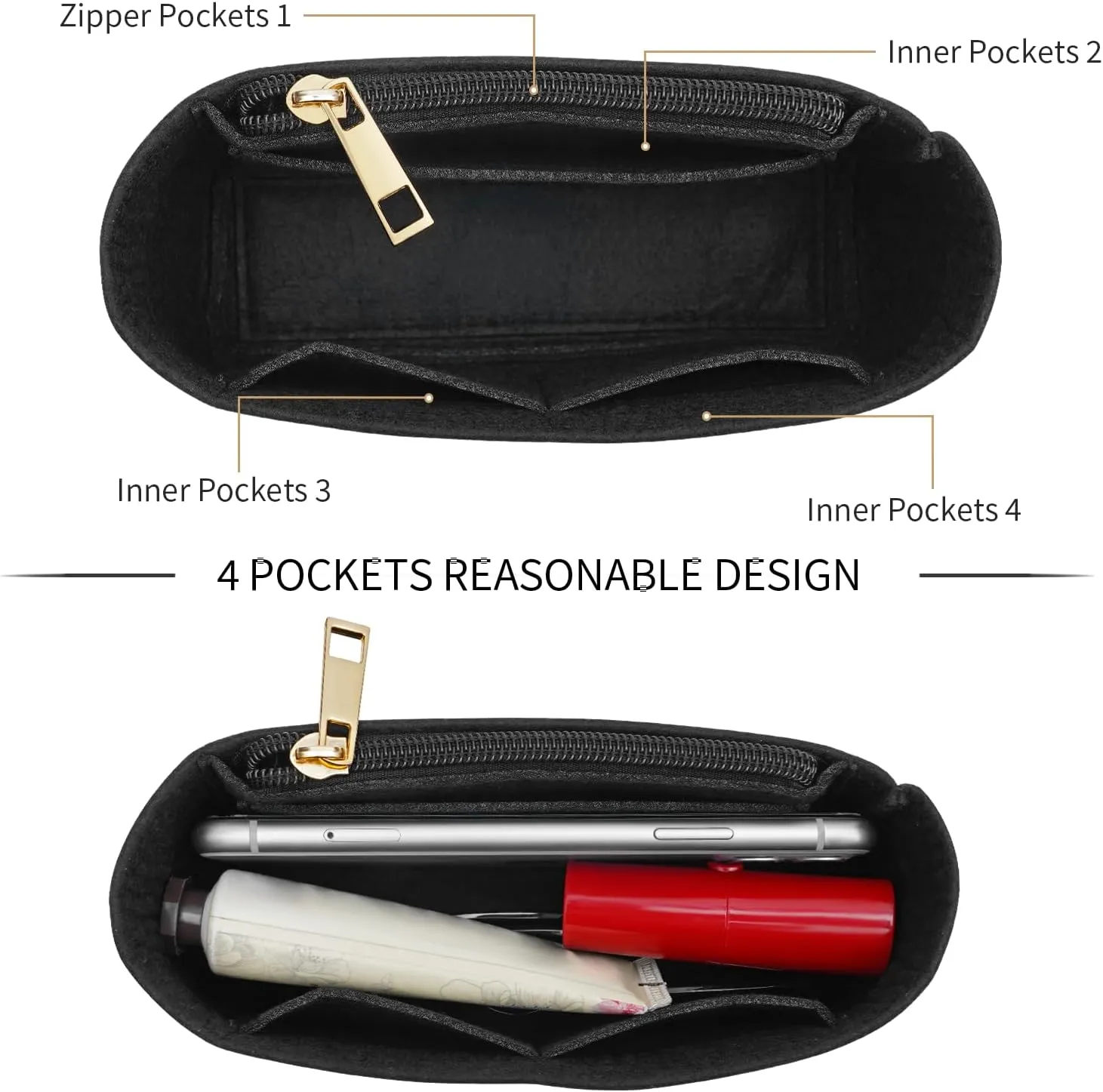 Felt Purse Organizer Insert for Longchamp Mini bag Wihte Zipper Insert (Zipper Black, Mini)