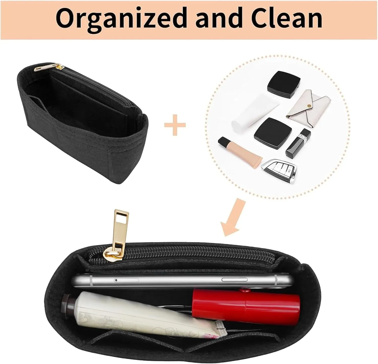 Felt Purse Organizer Insert for Longchamp Mini bag Wihte Zipper Insert (Zipper Black, Mini)