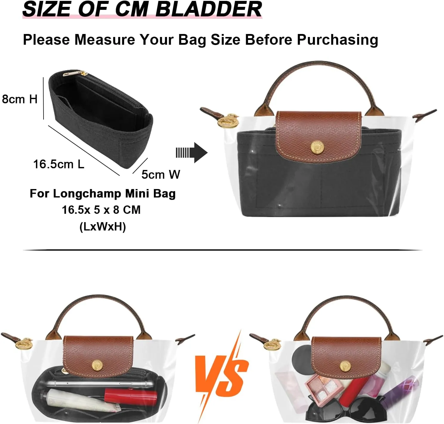 Felt Purse Organizer Insert for Longchamp Mini bag Wihte Zipper Insert (Zipper Black, Mini)
