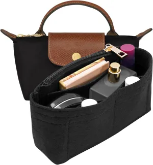 Felt Purse Organizer Insert for Longchamp Mini bag Wihte Zipper Insert (Zipper Black, Mini)