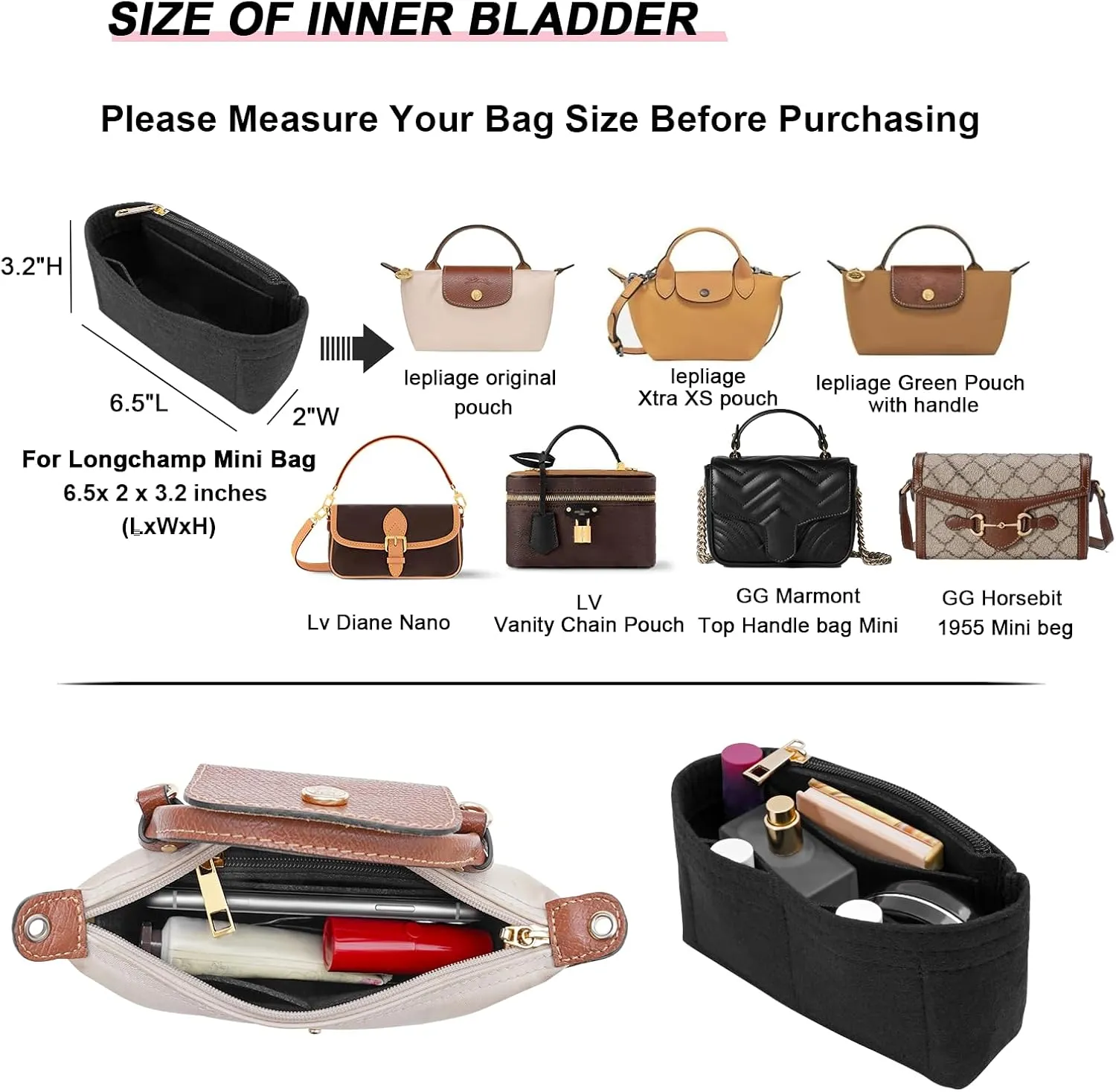 Felt Purse Organizer Insert for Longchamp Mini bag Wihte Zipper Insert (Zipper Black, Mini)