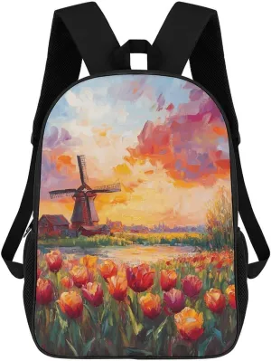 Field of Tulips and Windmill 17 Inch Travel Backpack Casual Daypacks Computer Shoulder Bag for Work Shopping Unisex