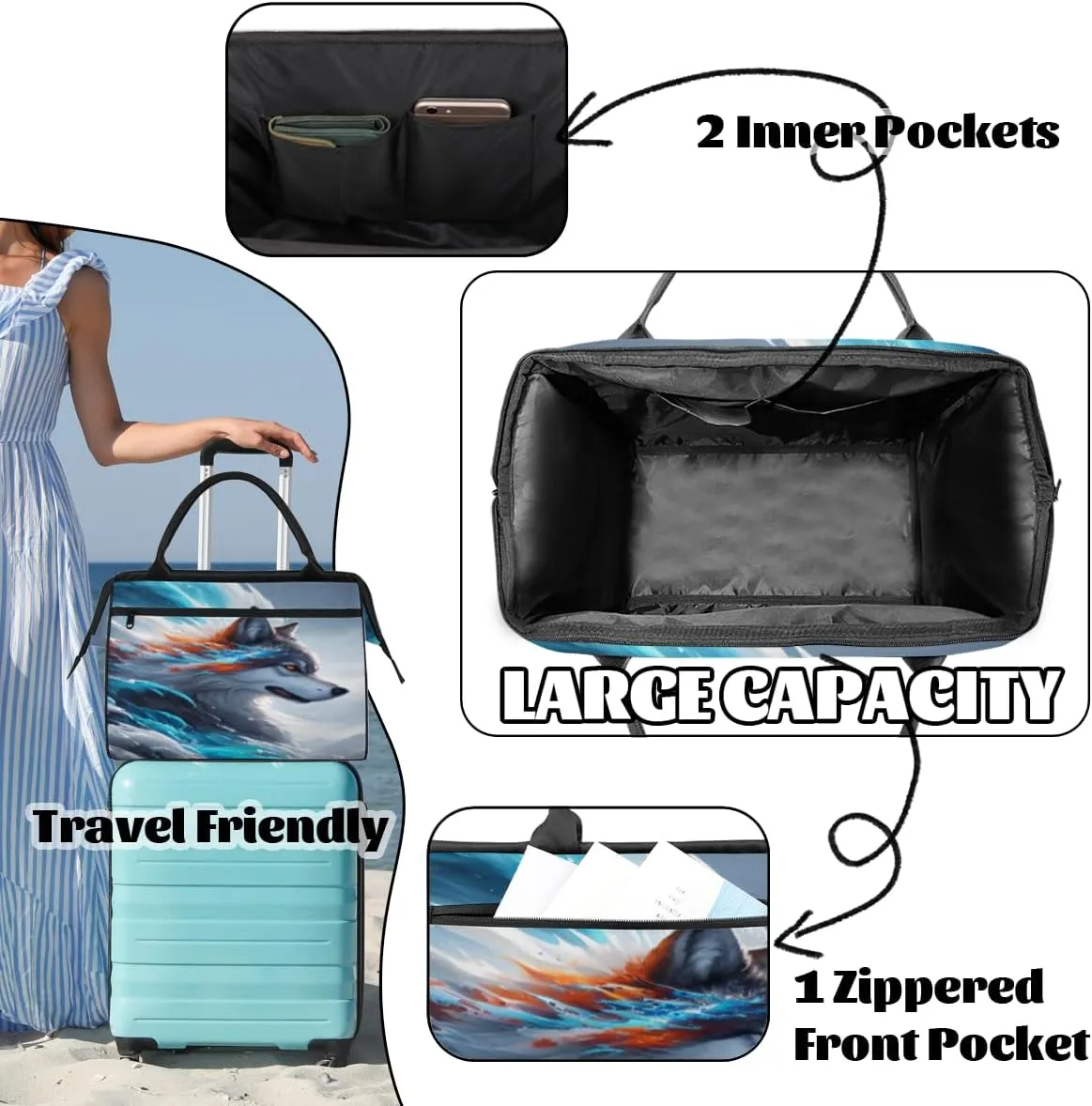 Fierce Animal Wolf Travel Duffle Bag, Waterproof Duffel Bag Weekender Overnight Carry On Bag Lightweight Sport Gym Bag for Men Women