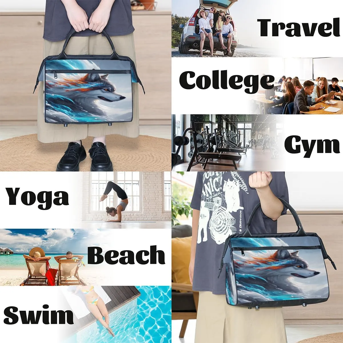 Fierce Animal Wolf Travel Duffle Bag, Waterproof Duffel Bag Weekender Overnight Carry On Bag Lightweight Sport Gym Bag for Men Women