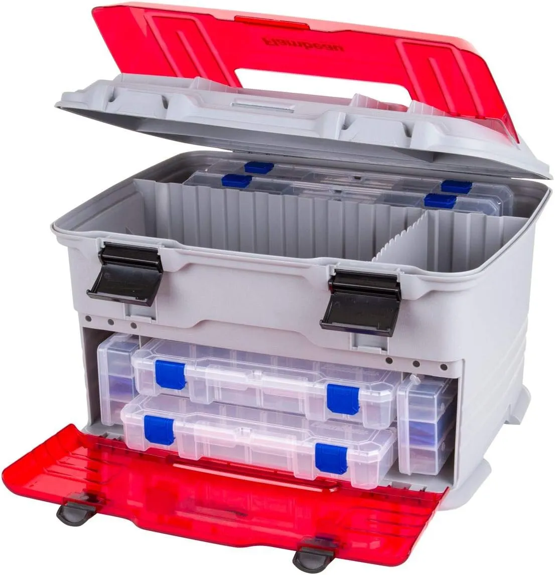 Flambeau Outdoors T5PW "IKE" Multiloader Tackle Box, Fishing Organizer with Tuff Tainer Boxes Included, Zerust Anti-Corrosion Technology - Translucent Red/Gray