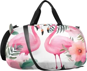 Flamingos Palm Flower Kids Overnight Duffle Bag,Gymnastics Sports Dance Bag with Shoe Compartment & Wet Pocket, Travel Weekender Tote for Boys & Girls