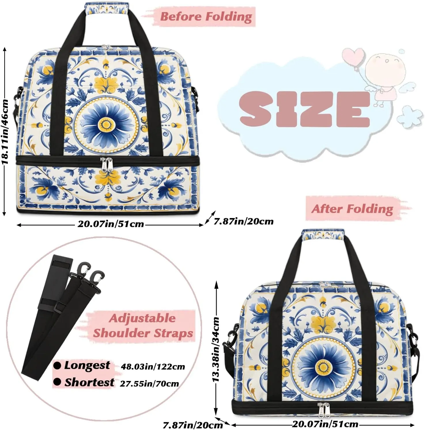 Flora Boho Retro Printing Travel Duffle Bag, Collapsible Travel Bag Sports Gym Bag With Shoes Compartment Weekender Bag Overnight Bag For Women Men