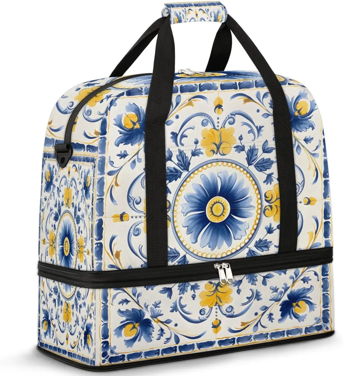 Flora Boho Retro Printing Travel Duffle Bag, Collapsible Travel Bag Sports Gym Bag With Shoes Compartment Weekender Bag Overnight Bag For Women Men