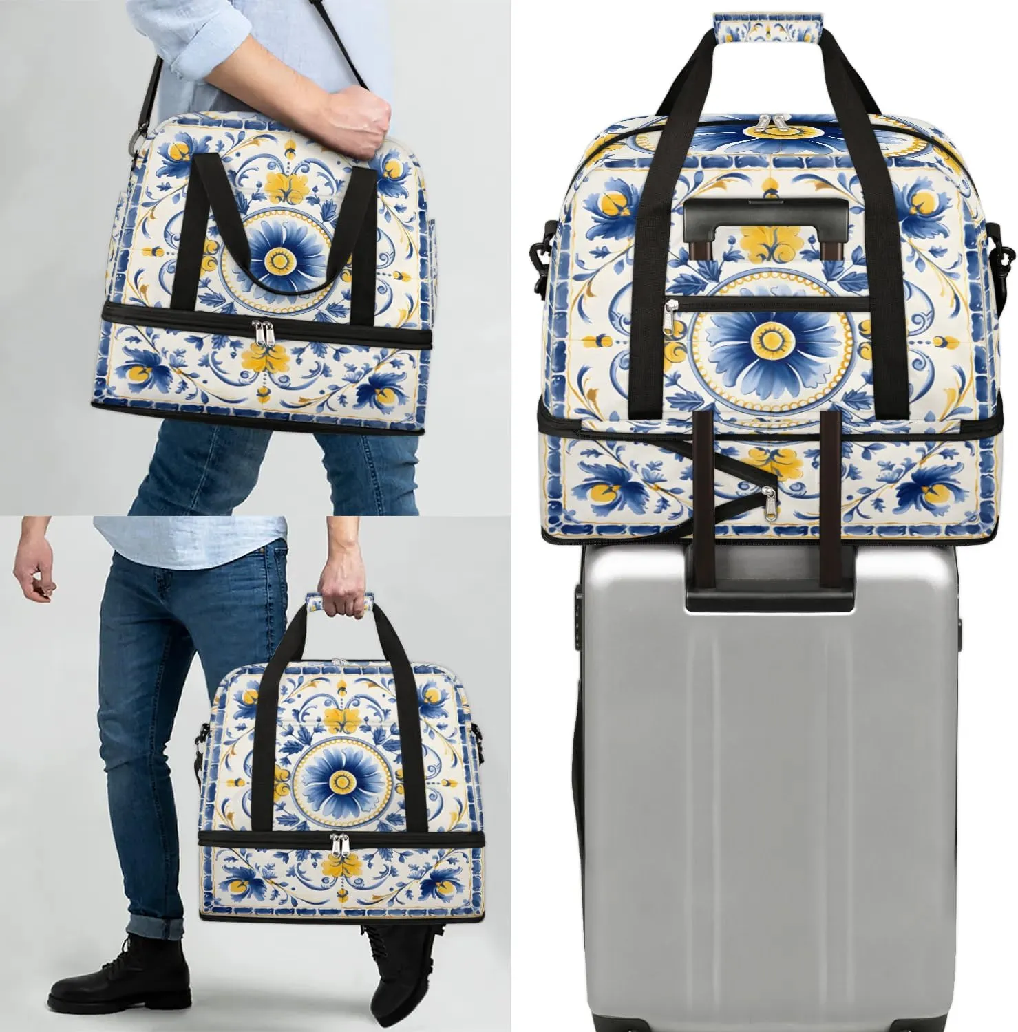 Flora Boho Retro Printing Travel Duffle Bag, Collapsible Travel Bag Sports Gym Bag With Shoes Compartment Weekender Bag Overnight Bag For Women Men