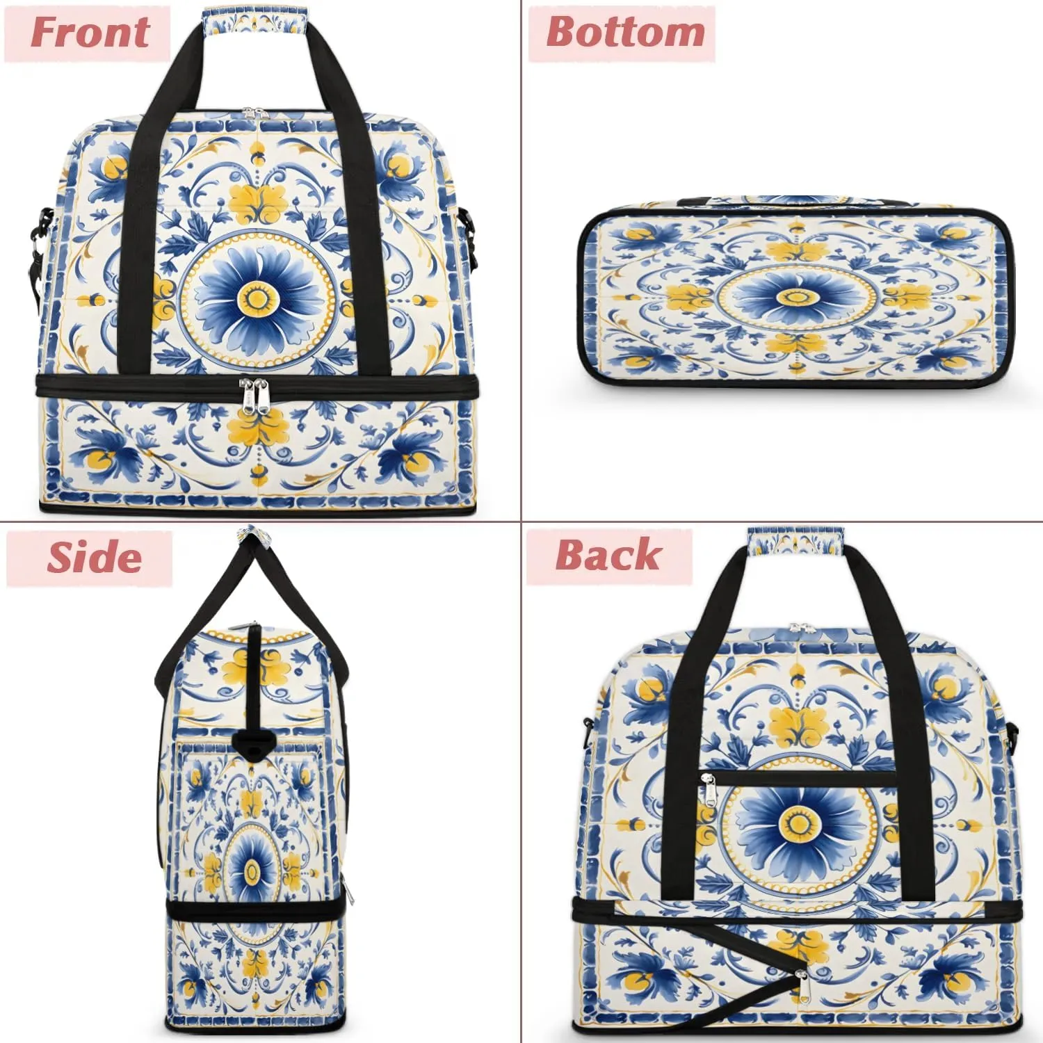 Flora Boho Retro Printing Travel Duffle Bag, Collapsible Travel Bag Sports Gym Bag With Shoes Compartment Weekender Bag Overnight Bag For Women Men