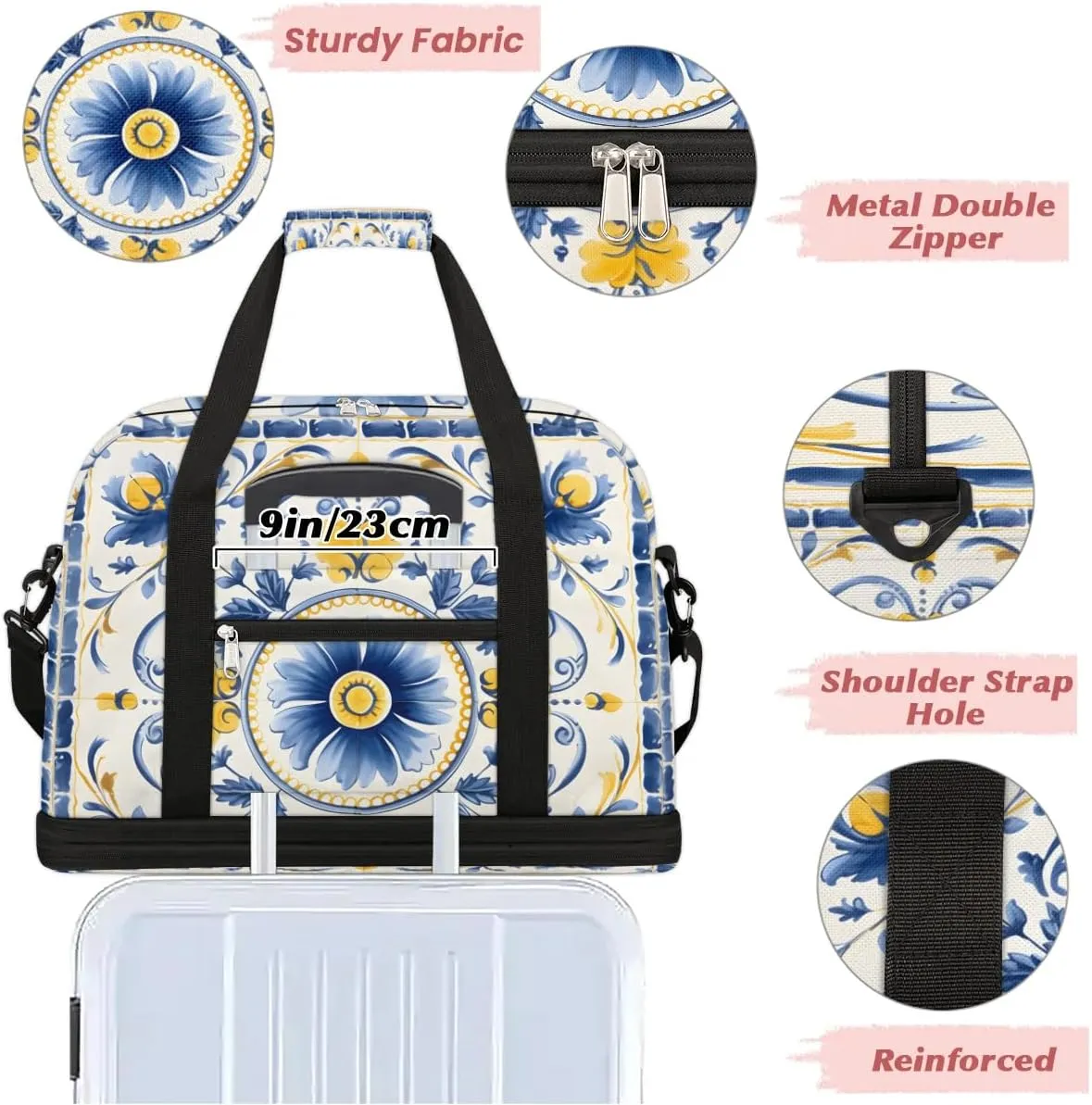 Flora Boho Retro Printing Travel Duffle Bag, Collapsible Travel Bag Sports Gym Bag With Shoes Compartment Weekender Bag Overnight Bag For Women Men