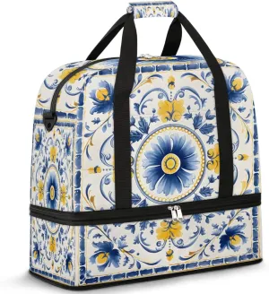 Flora Boho Retro Printing Travel Duffle Bag, Collapsible Travel Bag Sports Gym Bag With Shoes Compartment Weekender Bag Overnight Bag For Women Men