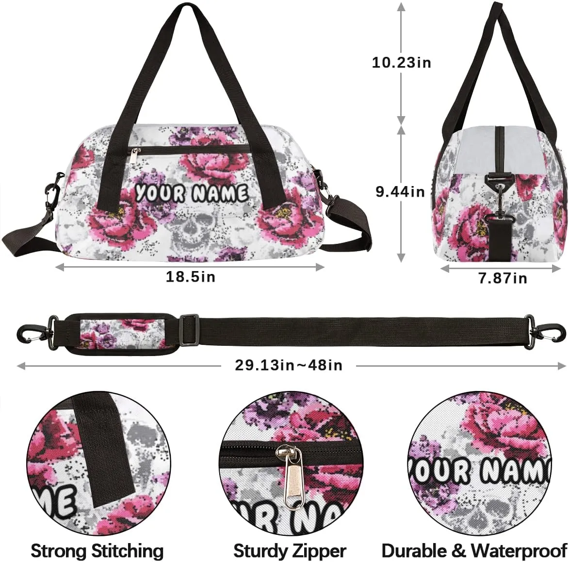 Floral Flowers Skulls Personalized Kids Duffel Bag for Girls Boys, Skull Debris Custom Dance Bag Overnight Small Duffel Bag Carry On Weekend Sports Travel Bag for School Practice Gymnastics Ballet