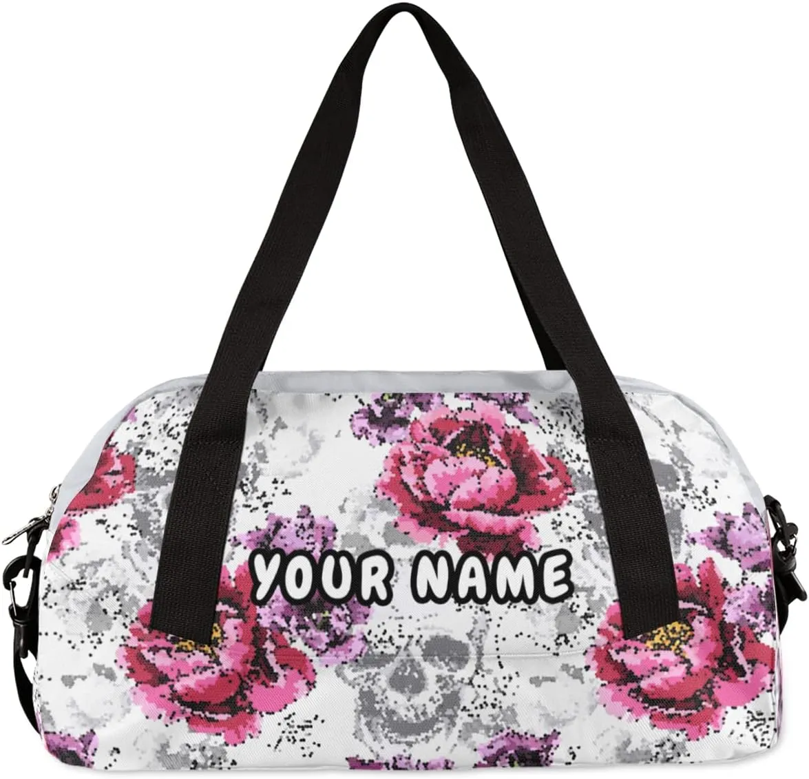Floral Flowers Skulls Personalized Kids Duffel Bag for Girls Boys, Skull Debris Custom Dance Bag Overnight Small Duffel Bag Carry On Weekend Sports Travel Bag for School Practice Gymnastics Ballet