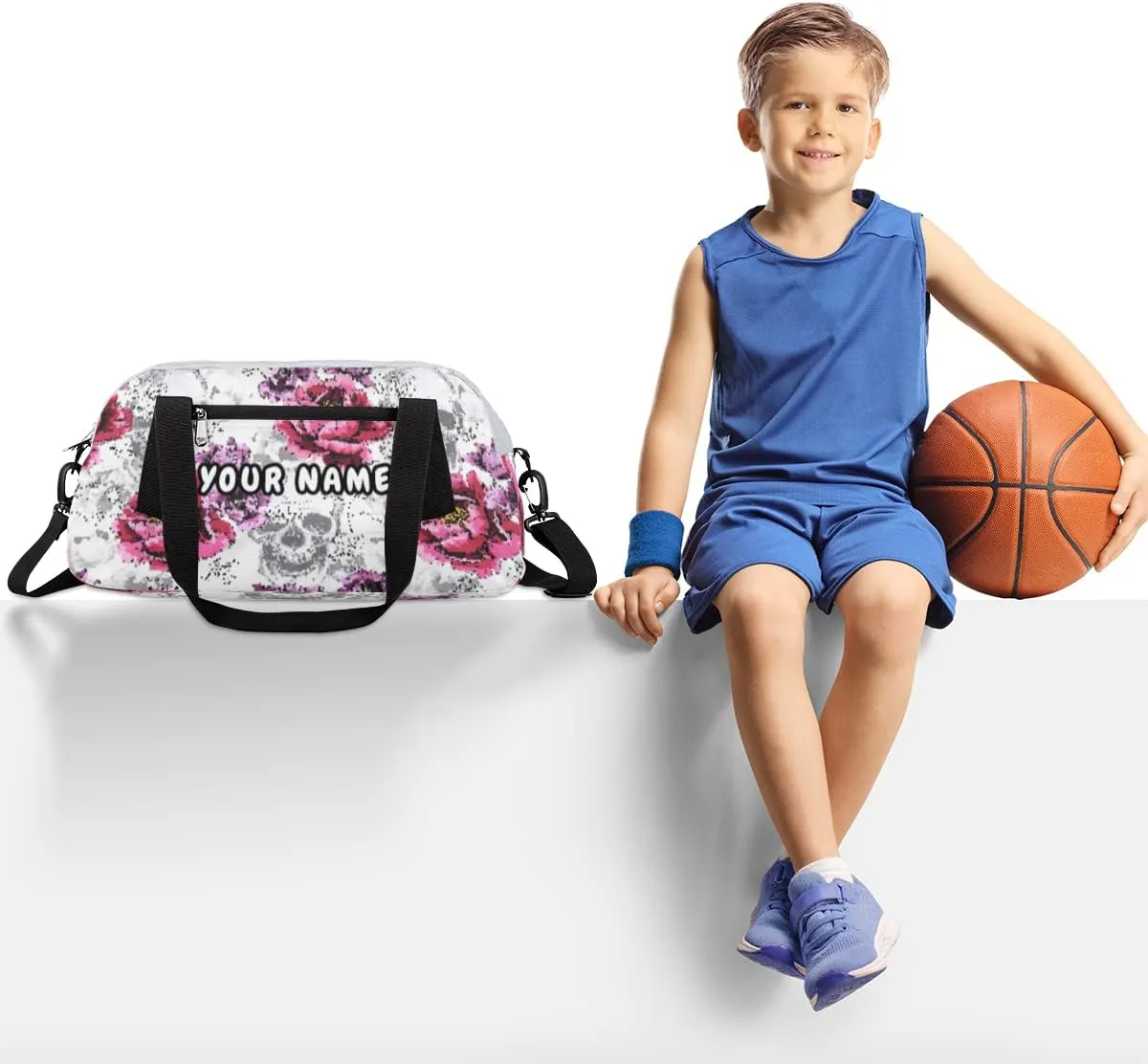 Floral Flowers Skulls Personalized Kids Duffel Bag for Girls Boys, Skull Debris Custom Dance Bag Overnight Small Duffel Bag Carry On Weekend Sports Travel Bag for School Practice Gymnastics Ballet