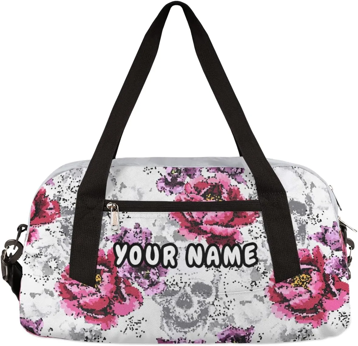 Floral Flowers Skulls Personalized Kids Duffel Bag for Girls Boys, Skull Debris Custom Dance Bag Overnight Small Duffel Bag Carry On Weekend Sports Travel Bag for School Practice Gymnastics Ballet