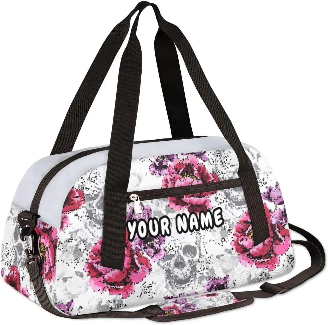 Floral Flowers Skulls Personalized Kids Duffel Bag for Girls Boys, Skull Debris Custom Dance Bag Overnight Small Duffel Bag Carry On Weekend Sports Travel Bag for School Practice Gymnastics Ballet
