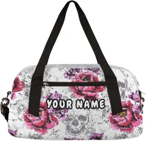 Floral Flowers Skulls Personalized Kids Duffel Bag for Girls Boys, Skull Debris Custom Dance Bag Overnight Small Duffel Bag Carry On Weekend Sports Travel Bag for School Practice Gymnastics Ballet