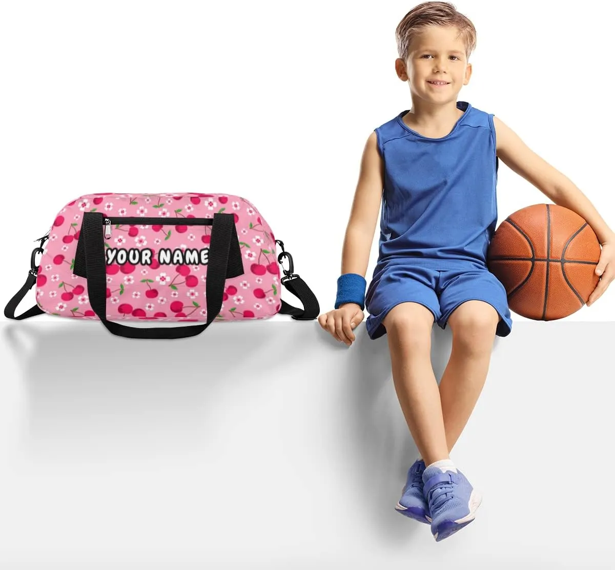 Flower Cherry Fruits Personalized Kids Duffel Bag for Girls Boys, Flower Debris Custom Dance Bag Overnight Small Duffel Bag Carry On Weekend Sports Travel Bag for School Practice Gymnastics Ballet