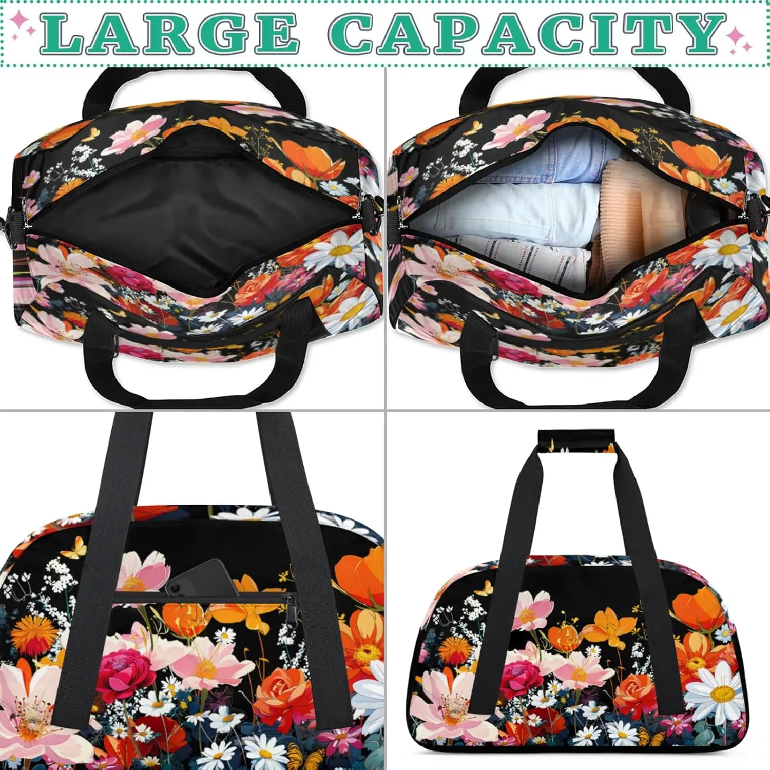 Flower Floral Gym Bag for Women Men, Sports Travel Duffel Bag Lightweight Workout Bag Carry On Overnight Weekender Bag