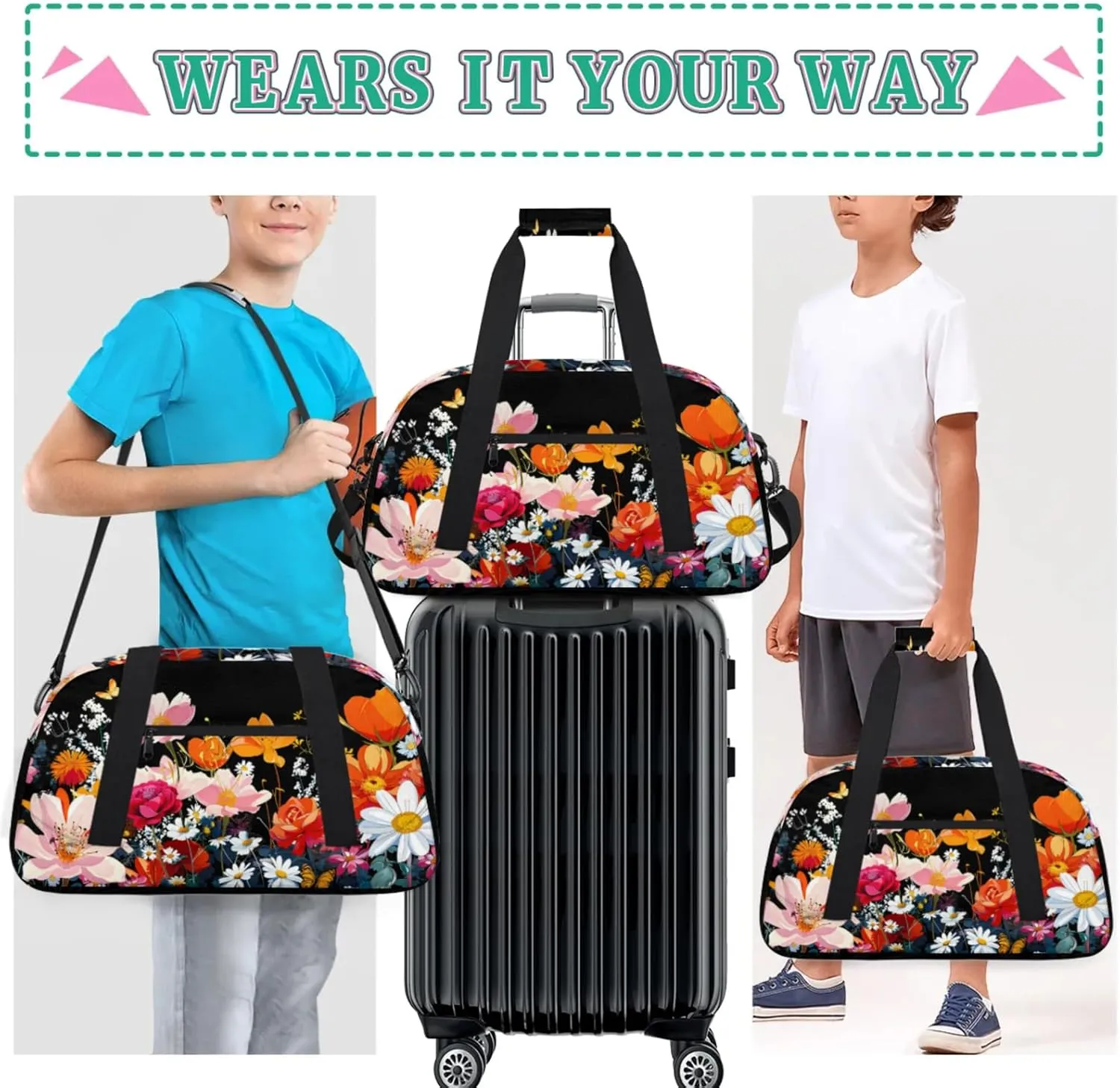 Flower Floral Gym Bag for Women Men, Sports Travel Duffel Bag Lightweight Workout Bag Carry On Overnight Weekender Bag
