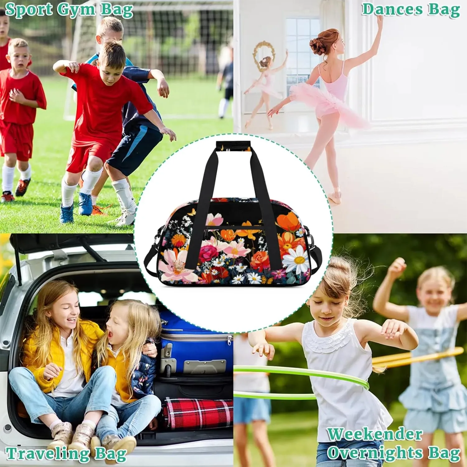 Flower Floral Gym Bag for Women Men, Sports Travel Duffel Bag Lightweight Workout Bag Carry On Overnight Weekender Bag