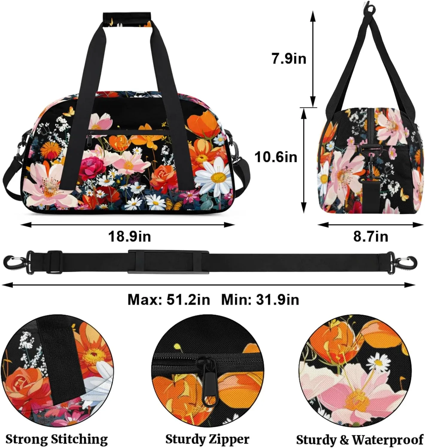 Flower Floral Gym Bag for Women Men, Sports Travel Duffel Bag Lightweight Workout Bag Carry On Overnight Weekender Bag