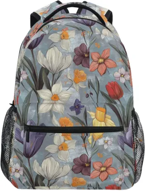Flowers flower Violet Daffodils Silver waterproof school backpack for kids with large book bags for 5th grade school boys girls mochilas para ni?as de 12 a?os