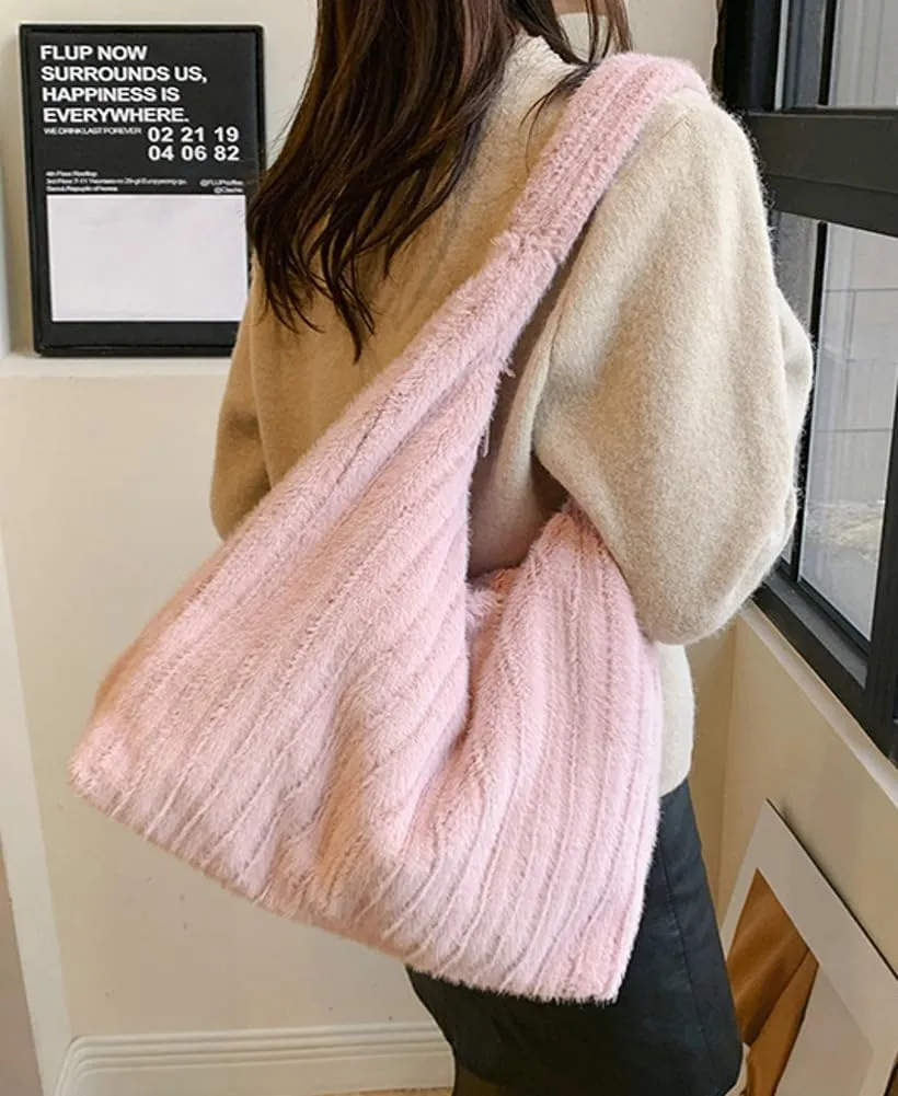 Fluffy Tote Bag Underarm Bag Shoulder Bag Furry Plush Underarm Handbag for Ladies Girls Women Autumn Winter