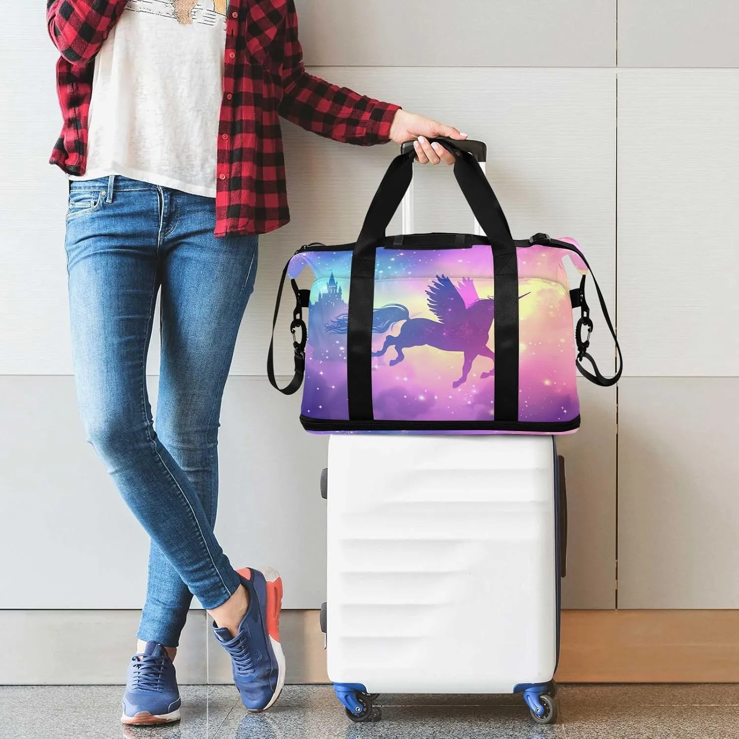 Flying Unicorn Duffle Bag for Travel Expandable Duffle Bag Gym, Carry on Tote Bags for Women with Toiletry Bag