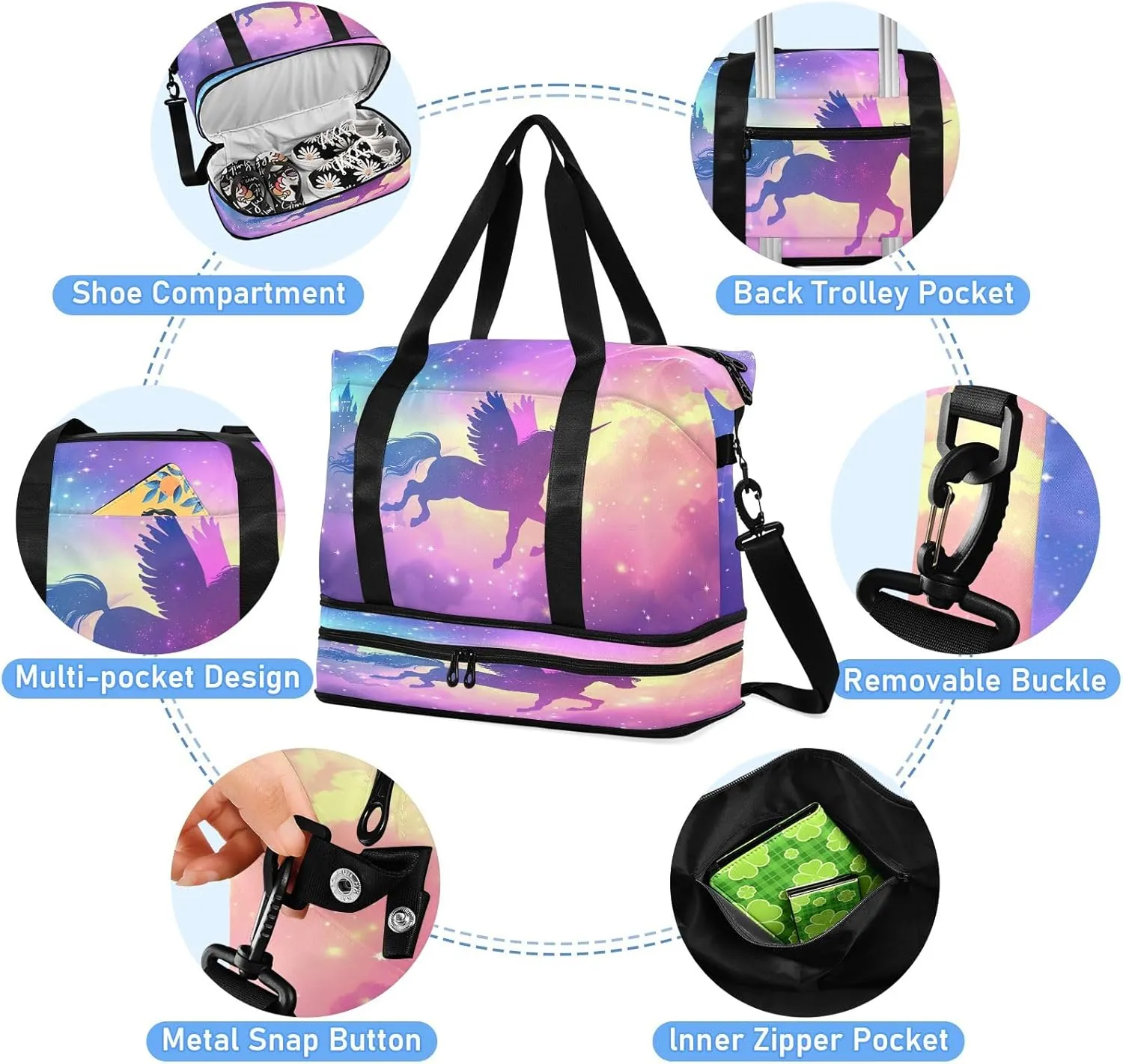 Flying Unicorn Duffle Bag for Travel Expandable Duffle Bag Gym, Carry on Tote Bags for Women with Toiletry Bag
