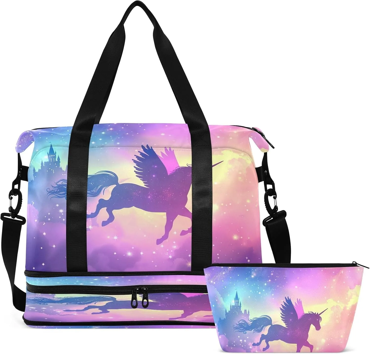 Flying Unicorn Duffle Bag for Travel Expandable Duffle Bag Gym, Carry on Tote Bags for Women with Toiletry Bag