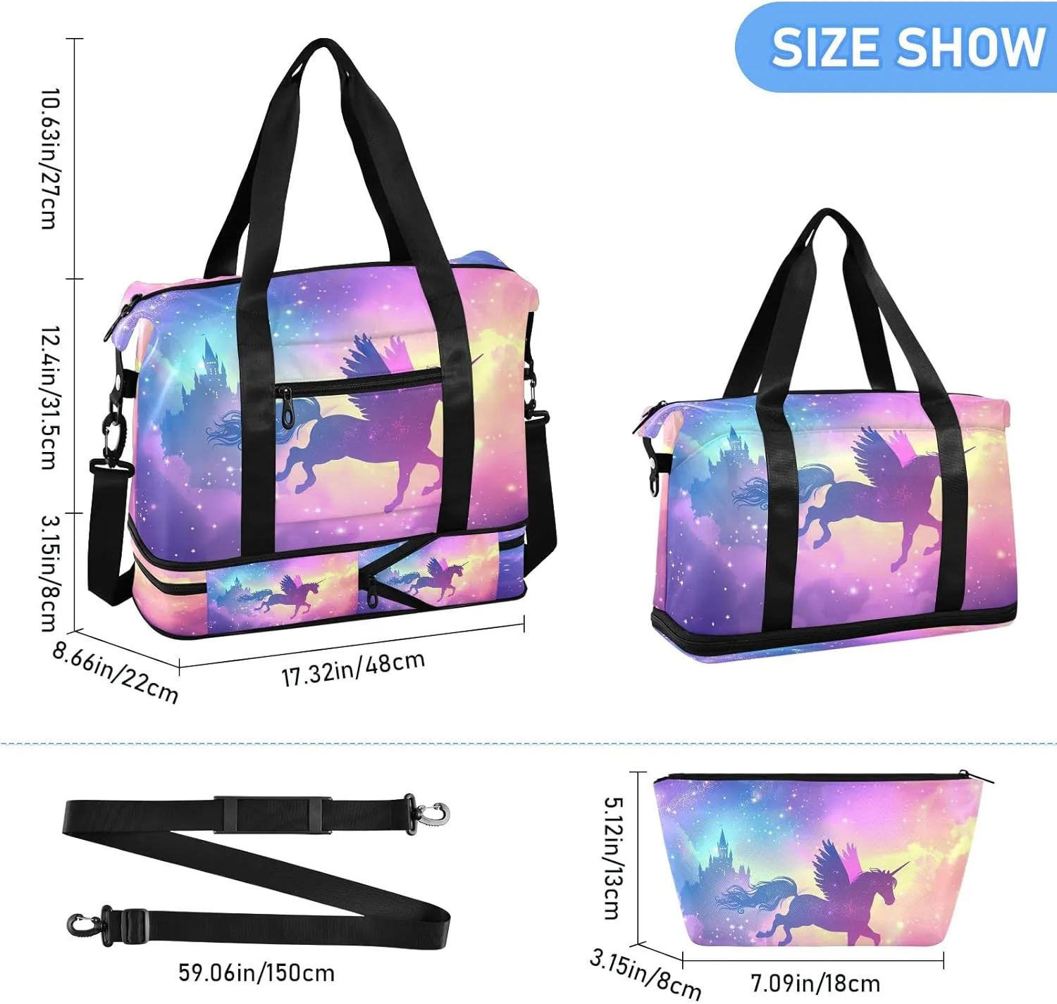 Flying Unicorn Duffle Bag for Travel Expandable Duffle Bag Gym, Carry on Tote Bags for Women with Toiletry Bag