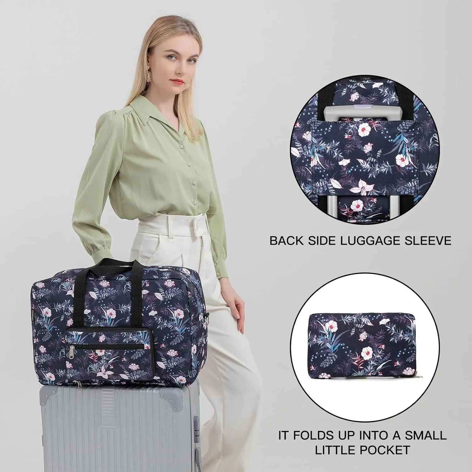 Foldable Travel Duffel Bag, Medium Women's Weekender and Overnight bag carry on Luggage bag for Women(Black Floral)