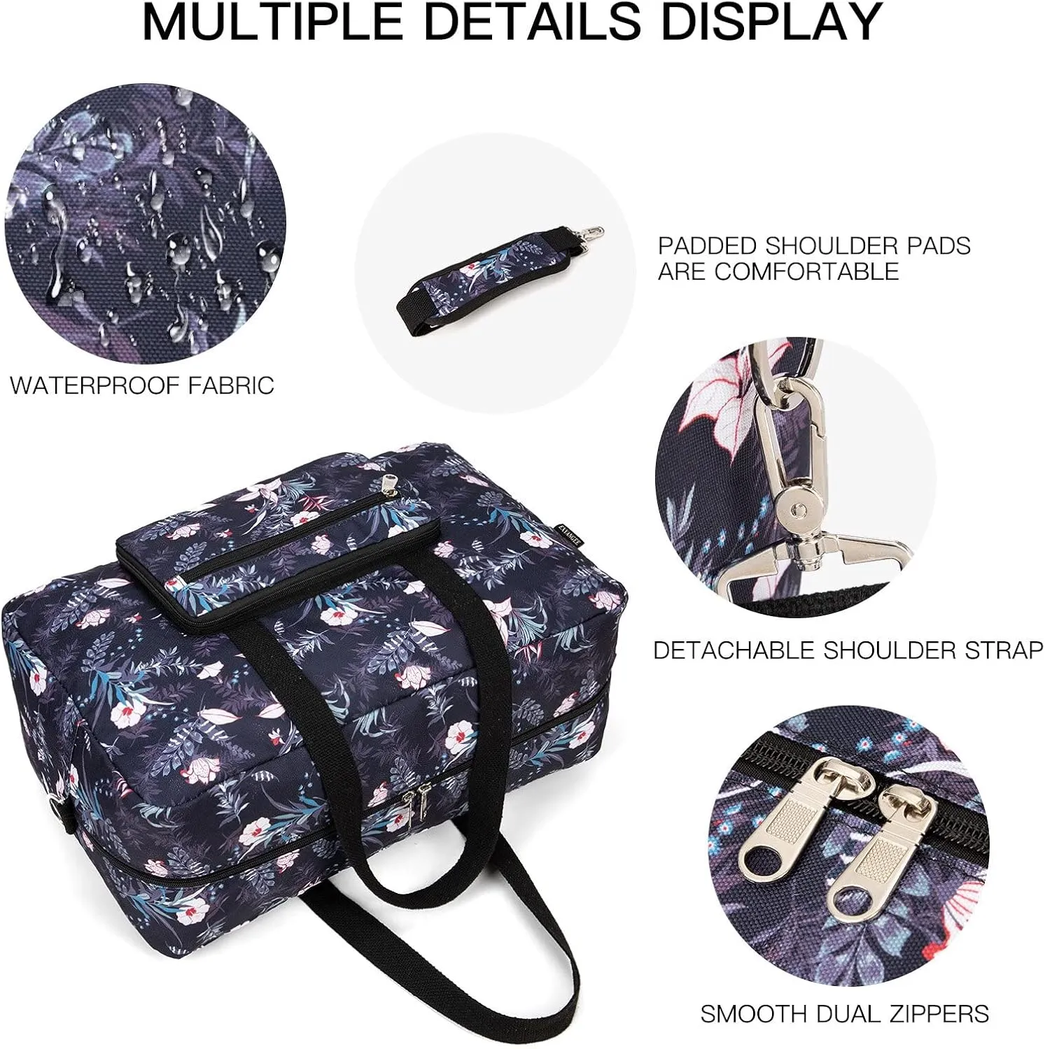 Foldable Travel Duffel Bag, Medium Women's Weekender and Overnight bag carry on Luggage bag for Women(Black Floral)