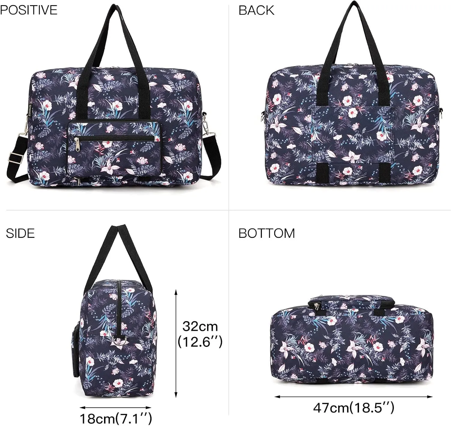 Foldable Travel Duffel Bag, Medium Women's Weekender and Overnight bag carry on Luggage bag for Women(Black Floral)