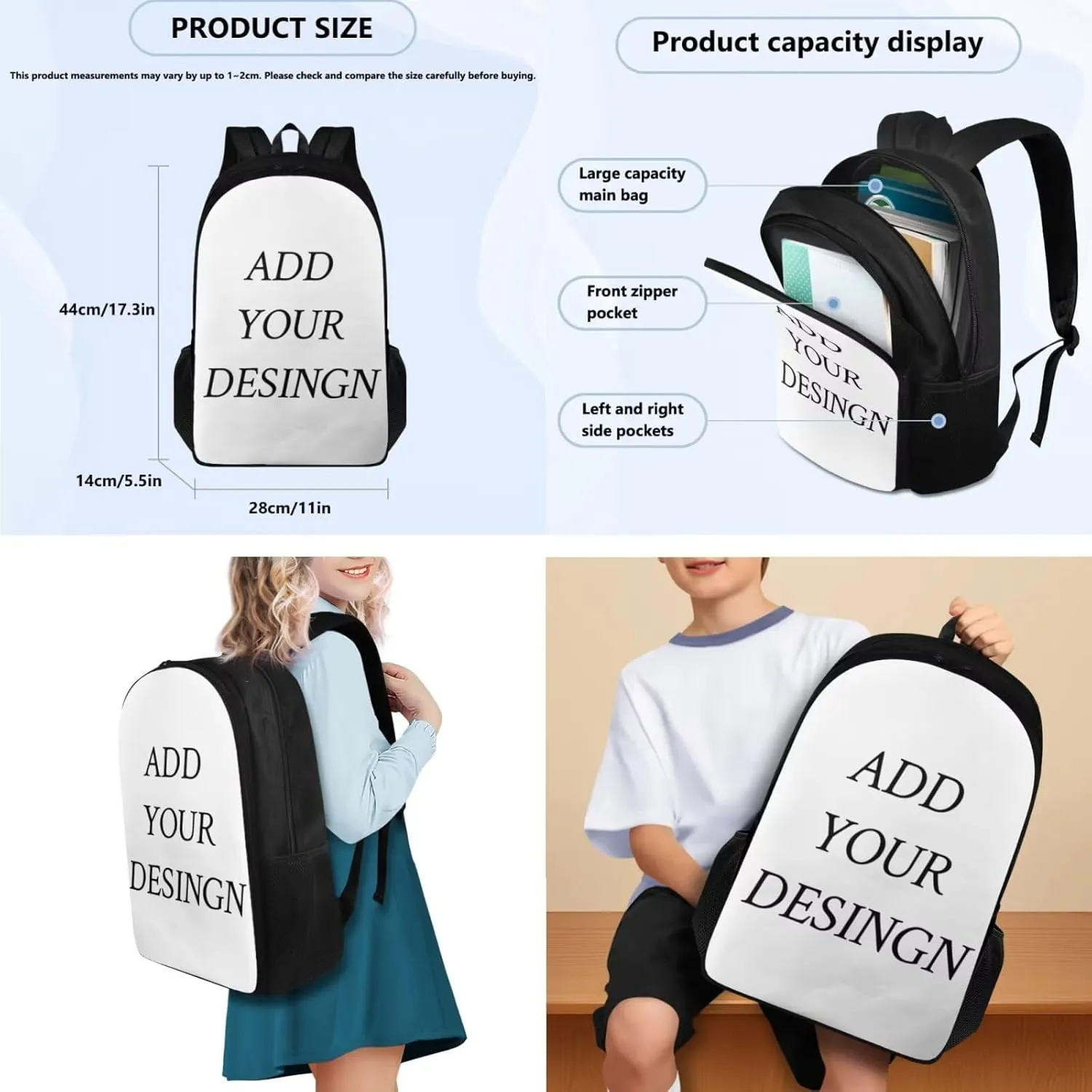 FOR U DESIGNS 17 Inch Custom School Bag and Lunch Bag Set 3 in 1 Lightweight Personalized Backpack with Lunchbox Large Capacity Bookbag Set for School Girls