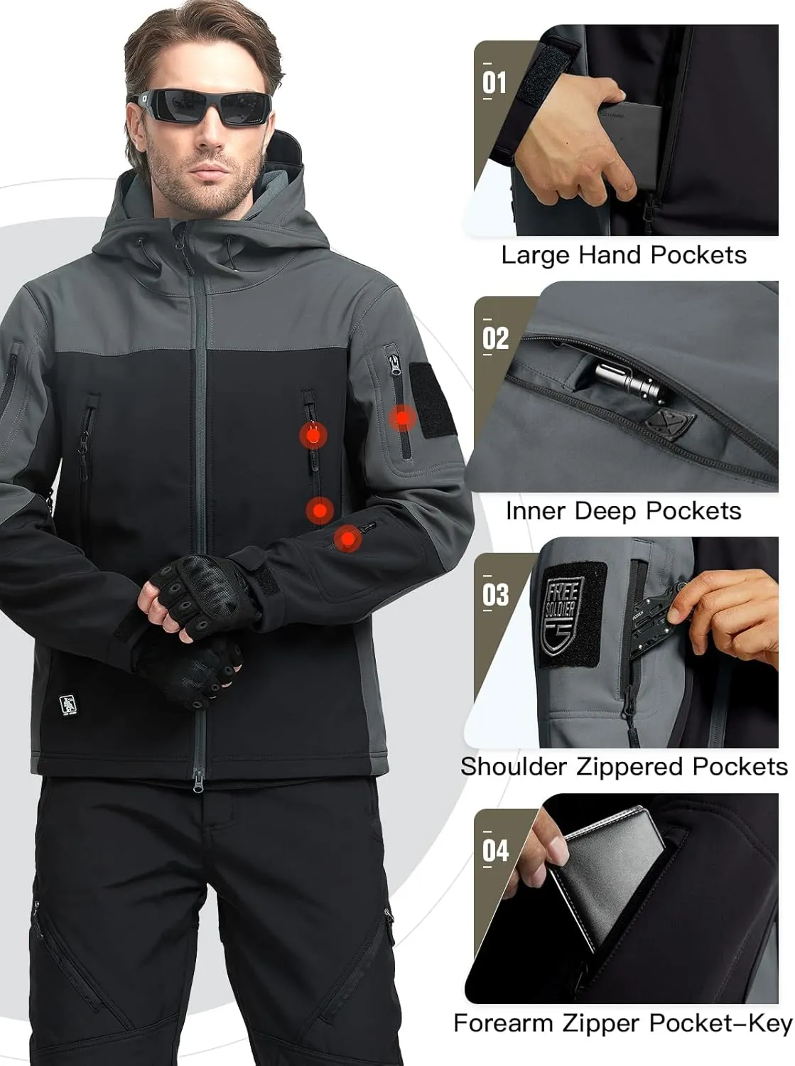 FREE SOLDIER Men's Outdoor Waterproof Soft Shell Hooded Military Tactical Jacket