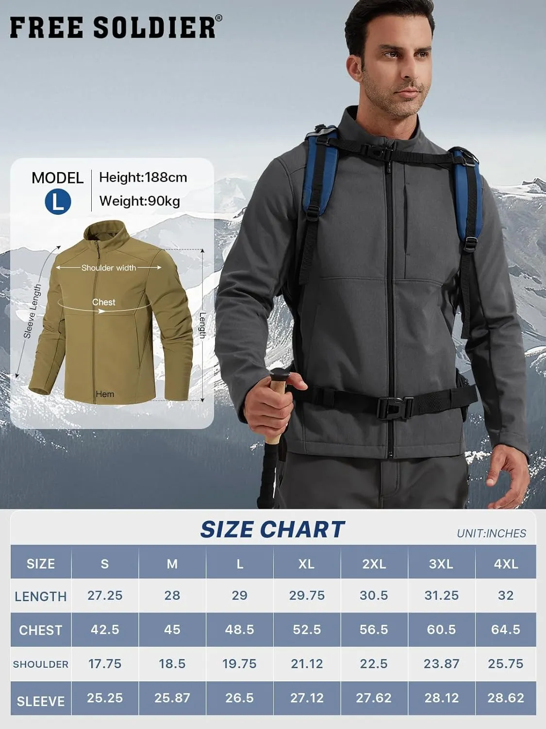 FREE SOLDIER Men's Waterproof Softshell Jacket Lightweight Fleece Lined Jacket Outdoor Hiking Windbreaker