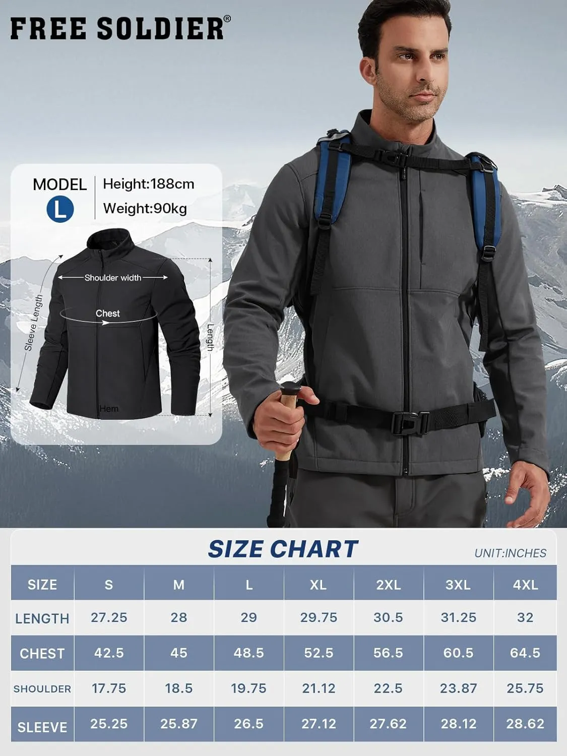 FREE SOLDIER Men's Waterproof Softshell Jacket Lightweight Fleece Lined Jacket Outdoor Hiking Windbreaker