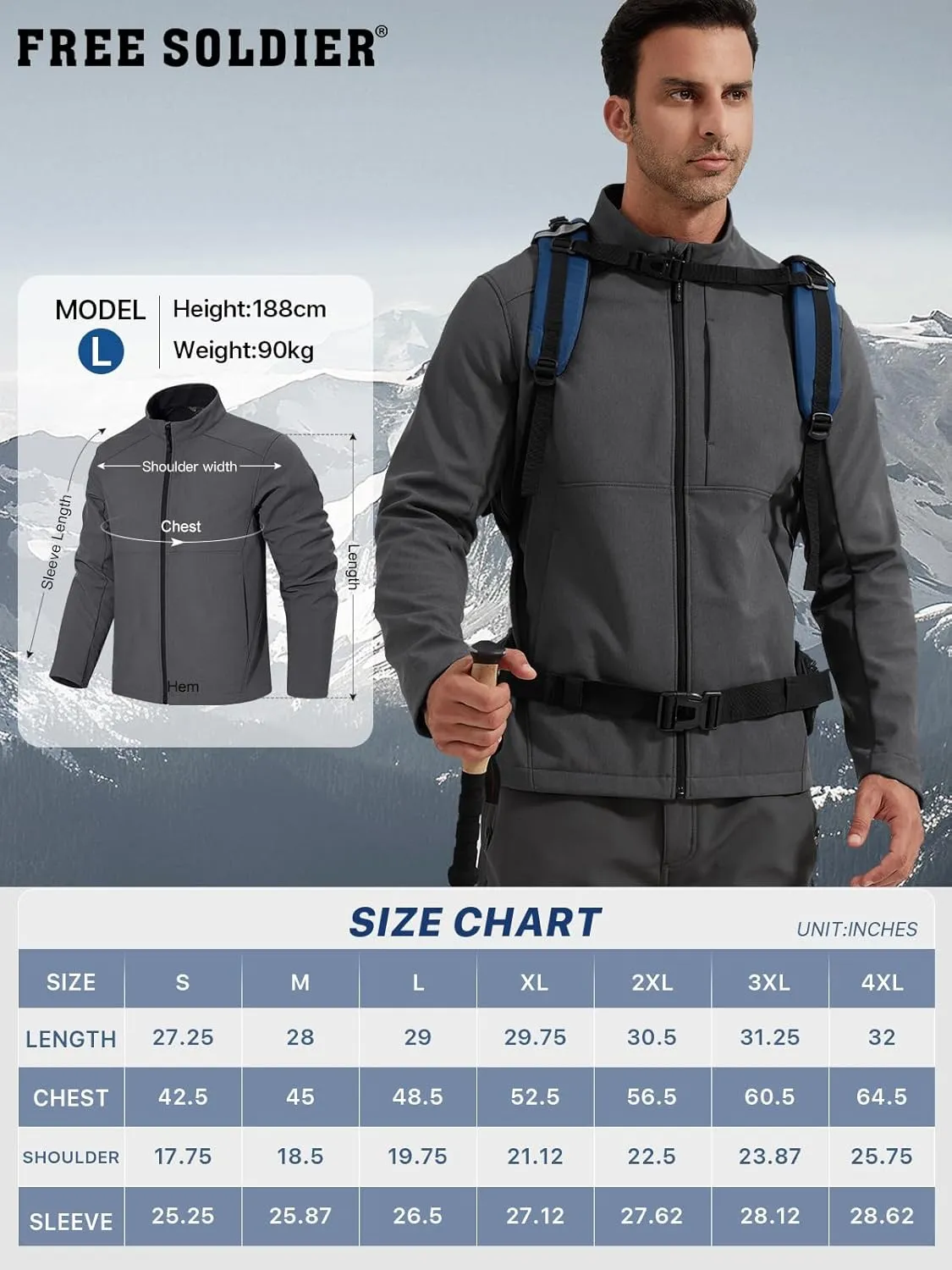 FREE SOLDIER Men's Waterproof Softshell Jacket Lightweight Fleece Lined Jacket Outdoor Hiking Windbreaker