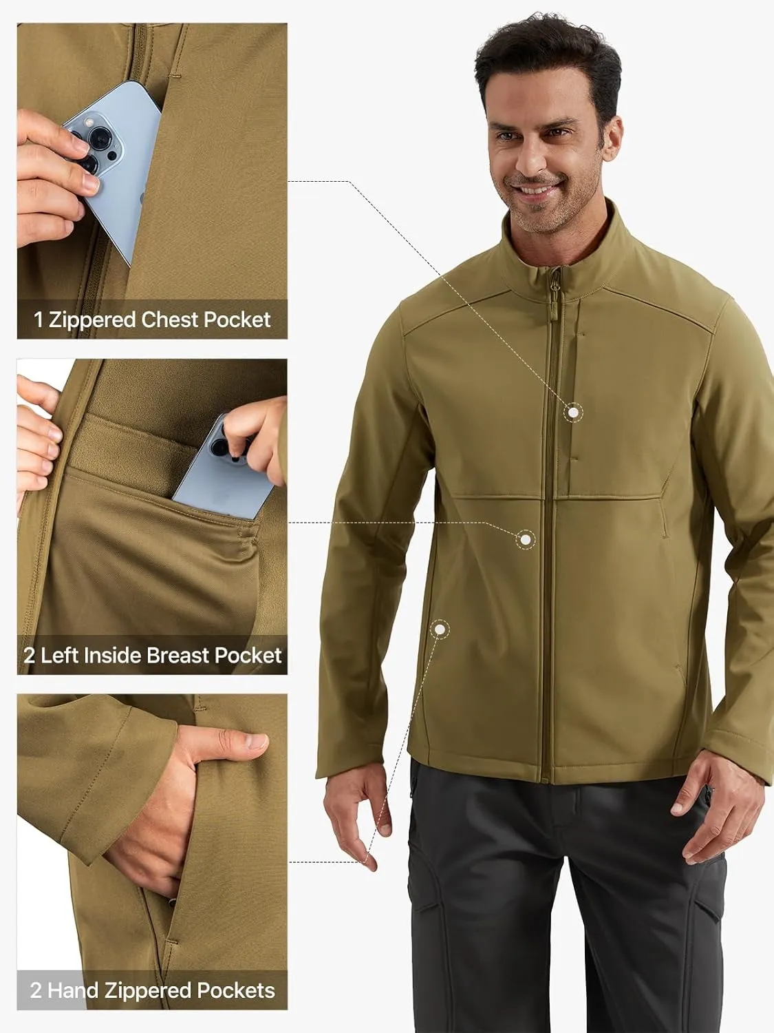 FREE SOLDIER Men's Waterproof Softshell Jacket Lightweight Fleece Lined Jacket Outdoor Hiking Windbreaker