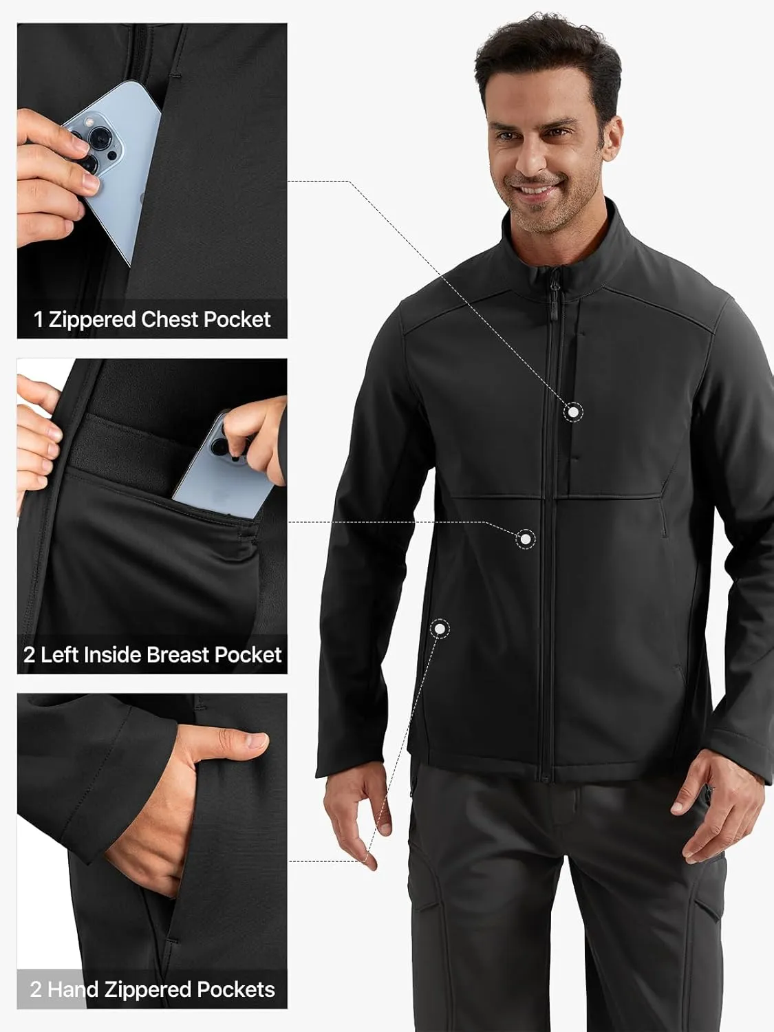 FREE SOLDIER Men's Waterproof Softshell Jacket Lightweight Fleece Lined Jacket Outdoor Hiking Windbreaker