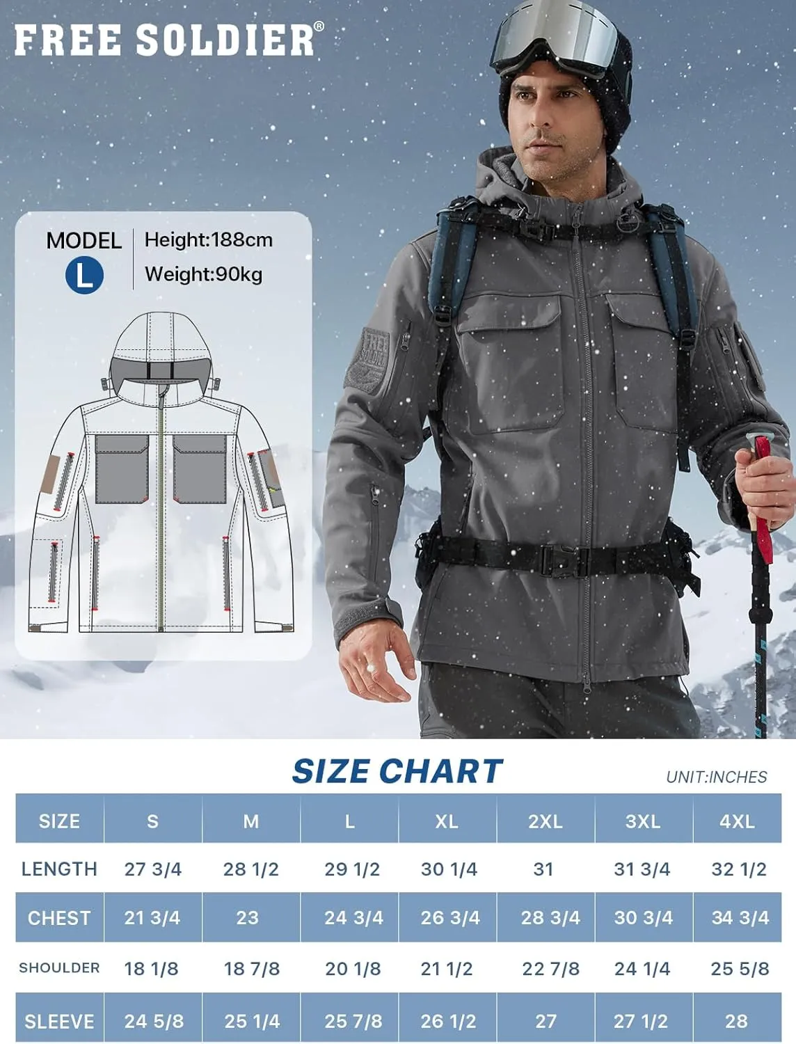 FREE SOLDIER Men's Waterproof Softshell Jacket Thick Fleece Lined Outdoor Jacket Tactical Military Hoodie Windbreaker
