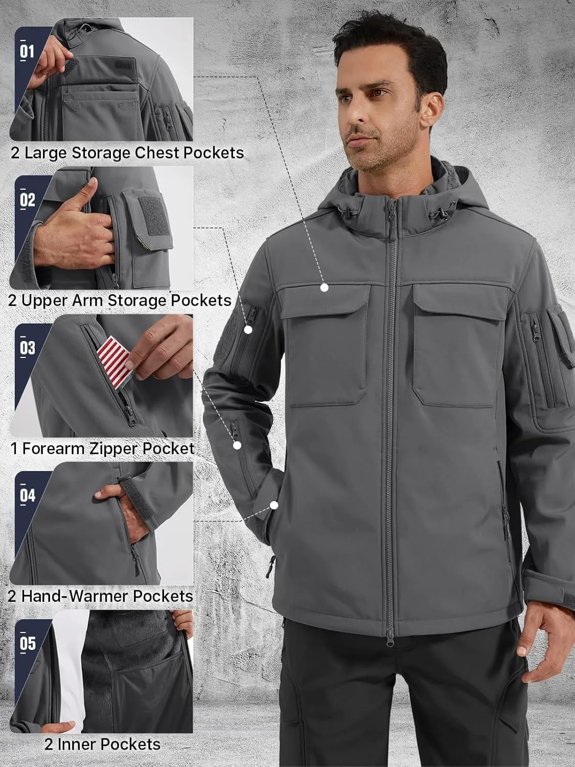 FREE SOLDIER Men's Waterproof Softshell Jacket Thick Fleece Lined Outdoor Jacket Tactical Military Hoodie Windbreaker