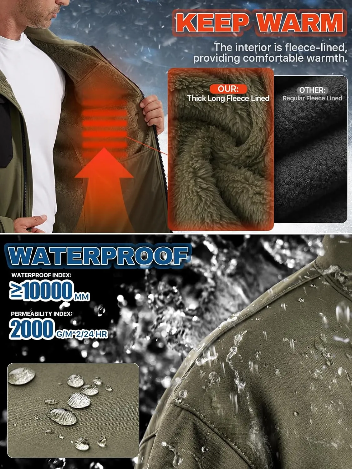 FREE SOLDIER Men's Waterproof Softshell Jacket Thick Fleece Lined Outdoor Jacket Tactical Military Hoodie Windbreaker